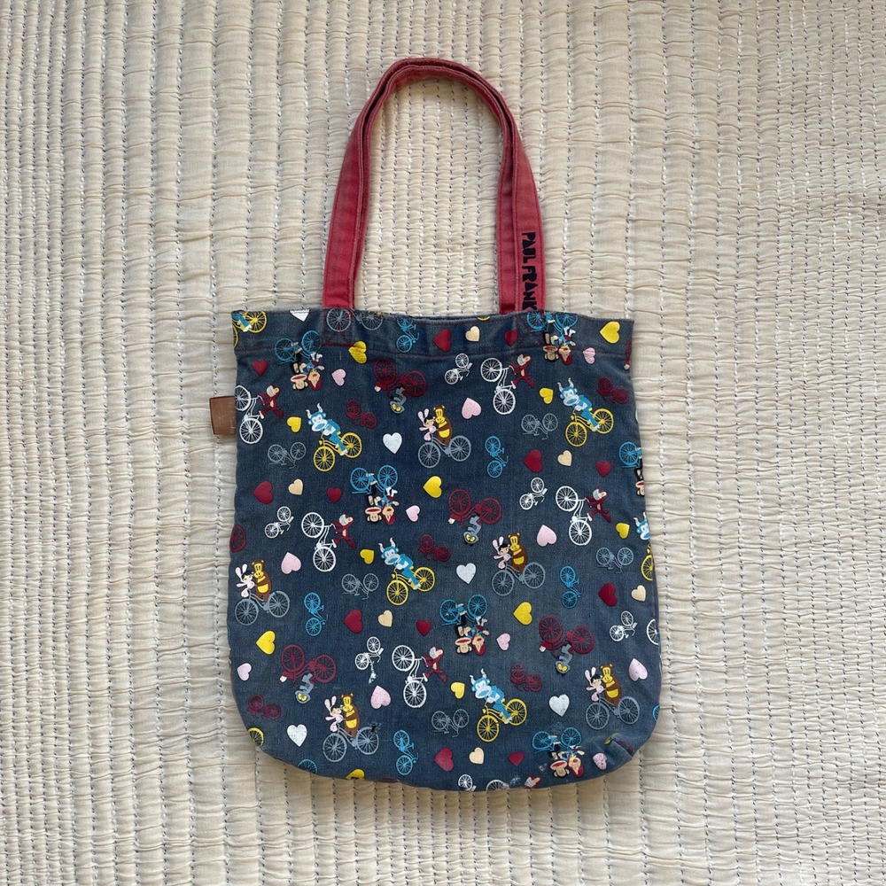 Paul Frank Julius Monkey Bicycle Heart Print Canvas Tote Bag Navy Red